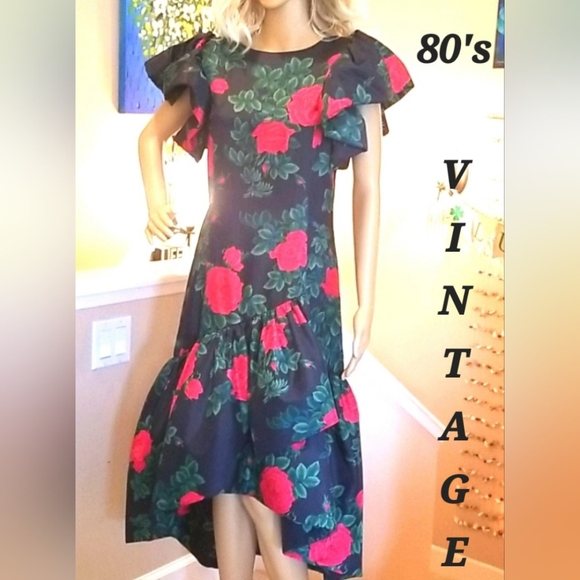 80's MORTON MYLES Red a Roses Ruffles Green BG Holiday Party Festive Midi Dress - Picture 1 of 16